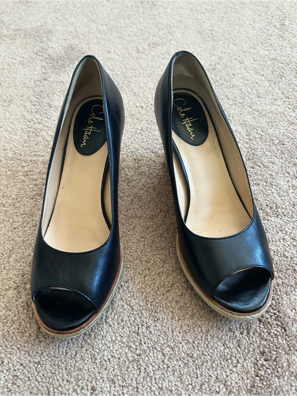 Cole Haan Black Leather Peep-Toe Platform Wedges